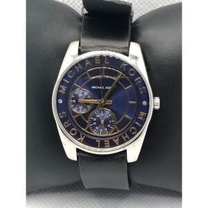 Michael Kors MK6195 Women's Black Leather Analog Blue Dial Quartz Watch LP351